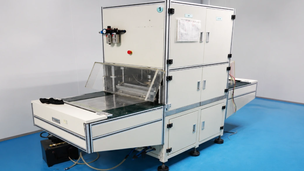 Hot and cold pressing machine used for lithium-ion pouch cells after electrolyte injection to improve electrolyte wetting and stabilize cell structure before formation.