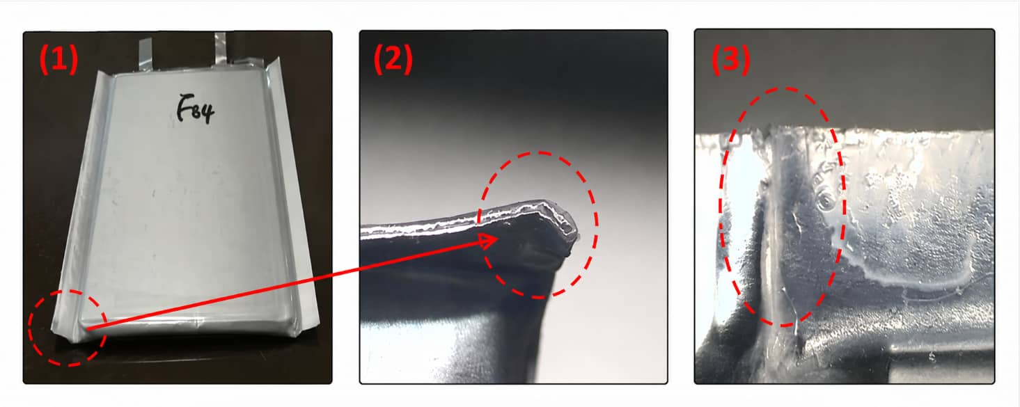 Inspection images of lithium-ion pouch cell seal leakage defects, showing pouch corner sealing, edge sealing, and heat-sealed joint failures caused by contamination, improper sealing parameters, or damaged aluminum laminate film.