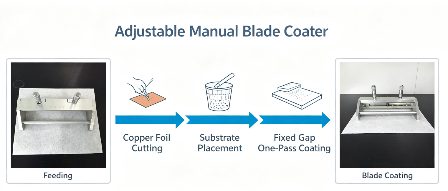 Adjustable manual doctor‑blade coater head structure photo for lithium‑ion battery lab‑scale electrode preparation, showing feeding and blade‑coating operation steps for cathode‑anode slurry coating.