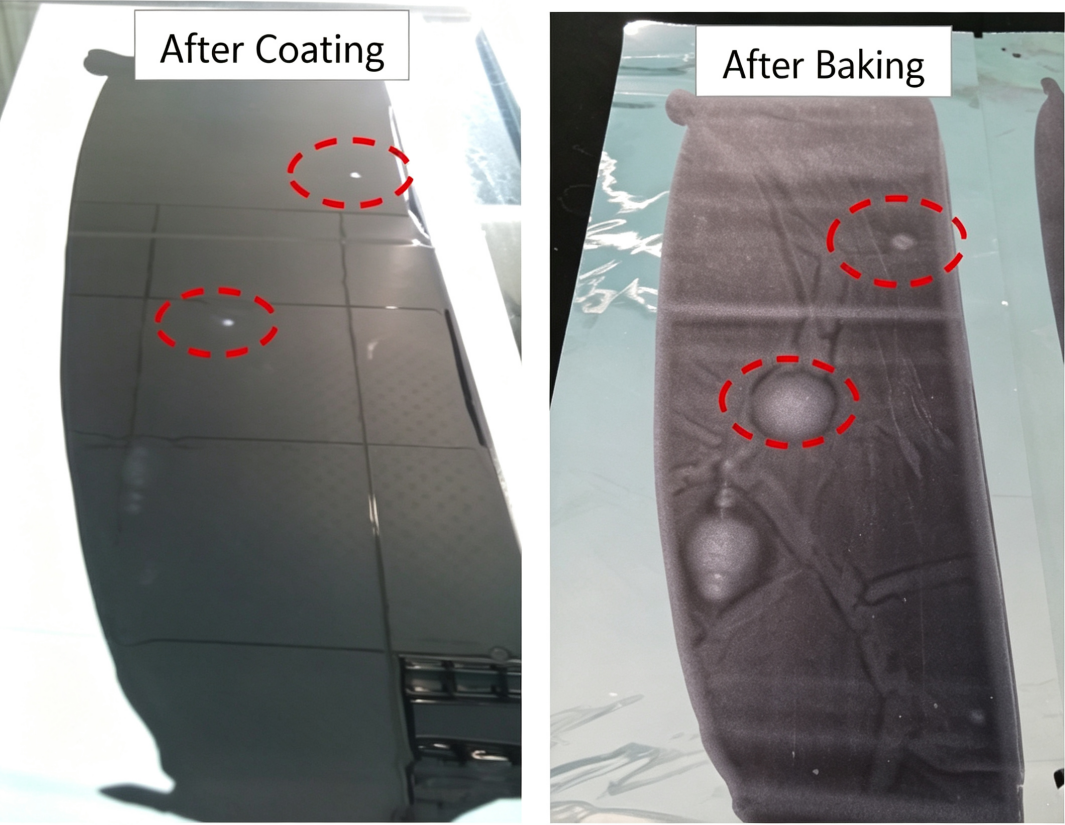 Coating white‑spot and bubble defects, circular hollow pinholes expand on lithium‑ion electrode surface after baking caused by trapped micro‑bubbles