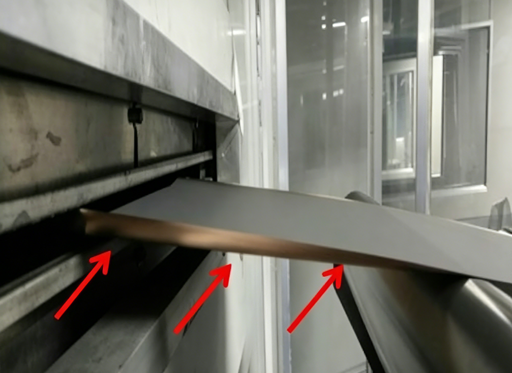 Electrode curling after drying, both edges of single‑side coated copper foil tilt upward after cooling zone in battery electrode coating production