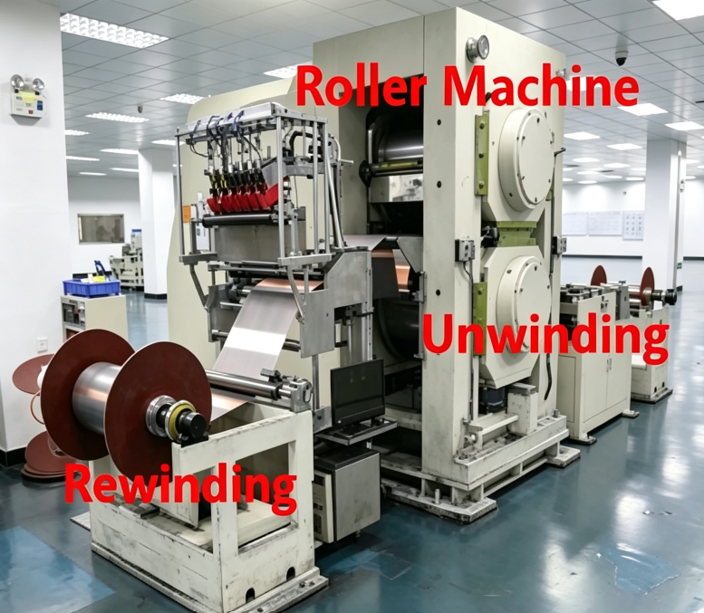 On-site photo of continuous industrial double-roll calender production line for EV lithium battery electrode, equipped with unwinding and rewinding stations