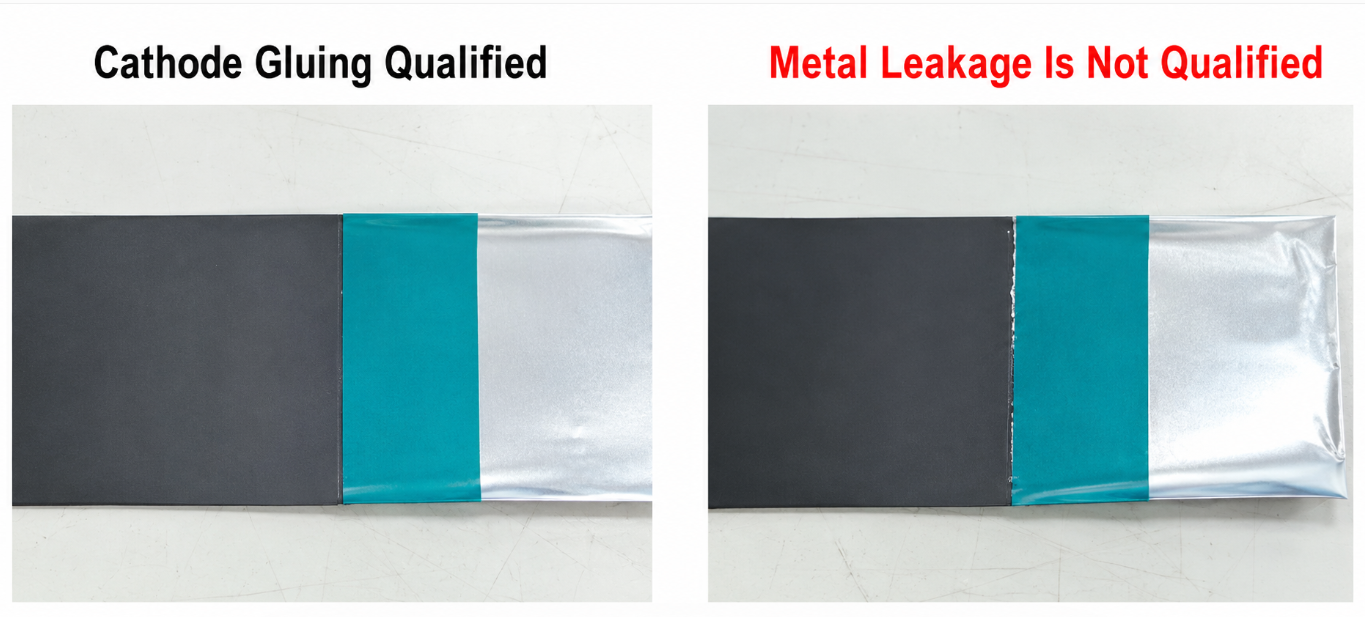 Comparison of qualified and defective cathode green tape gluing in lithium battery manufacturing, illustrating complete insulation coverage versus metal leakage that may cause separator damage and internal short circuits.