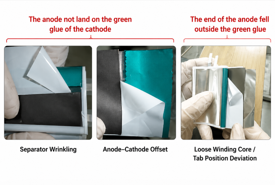 Common lithium battery winding defects including separator wrinkling, anode-cathode misalignment, loose winding core, and tab position deviation during pouch cell assembly.